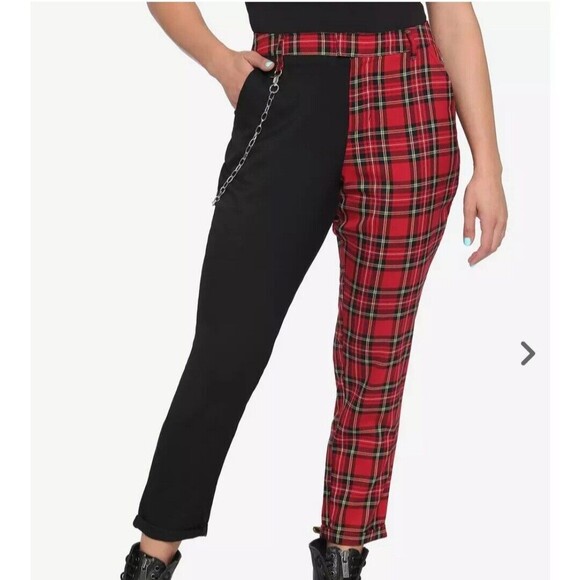Hot Topic Plaid Split Leg Pants Removable chain Academia Medium Tartan Red Black - Picture 3 of 14